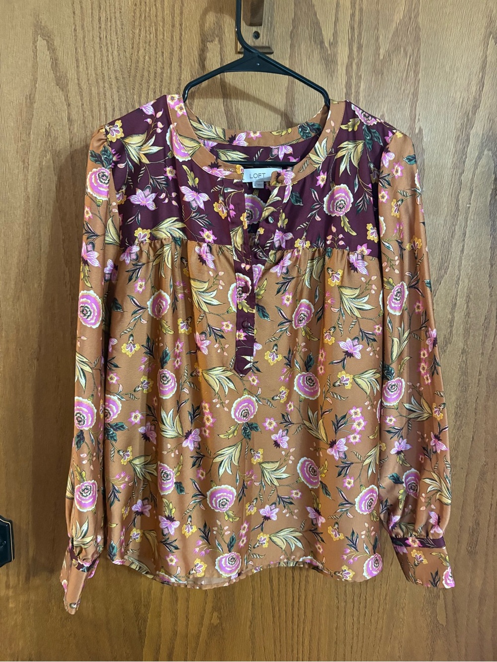 LOFT Rust Floral Button-Front Blouse with Plum Yoke